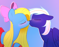 Size: 1600x1280 | Tagged: safe, artist:acersiii, oc, oc only, oc:cuteamena, oc:electric blue, earth pony, pegasus, pony, blushing, bow, clothes, couple, cute, electricute, eyes closed, female, hair bow, kissing, male, mare, oc x oc, pleated skirt, romantic, shipping, skirt, socks, stallion, straight