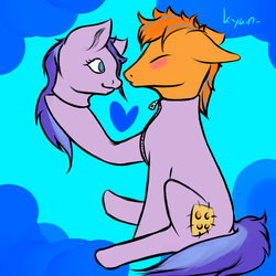 Size: 1280x1280 | Tagged: safe, artist:kyainn, oc, oc only, oc:cold front, oc:polkadot patch, costume pony, object pony, original species, detached head, dressing, female, kissing, living suit, looking at each other, male, mask, masking, modular, oc x oc, patch, polka dots, ponified, ponysuit, rule 63, shipping, smiling, stitches, straight, zipper