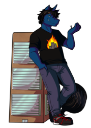Size: 1071x1500 | Tagged: safe, artist:volcanicfires, oc, oc only, oc:blazing cobalt, anthro, plantigrade anthro, building, clothes, commission, macro, male, micro, shoes, simple background, smiling, smirk, solo, stallion, teasing, transparent background