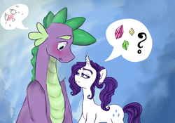 Size: 1024x717 | Tagged: safe, artist:slytherinakatsuki, rarity, spike, dragon, pony, unicorn, g4, blushing, crying, doubt, ear piercing, earring, female, gem, jewelry, male, piercing, question mark, ship:sparity, shipping, straight, thought bubble