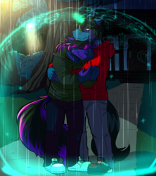 Size: 1200x1350 | Tagged: safe, artist:volcanicfires, oc, oc only, oc:blazing cobalt, oc:velocity, unicorn, anthro, clothes, force field, hug, magic, night, rain, shoes, tree