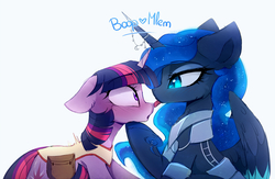 Size: 2485x1617 | Tagged: safe, artist:magnaluna, princess luna, twilight sparkle, pony, nomad au, bag, boop, cute, daaaaaaaaaaaw, female, floppy ears, horn jewelry, jewelry, lesbian, looking at each other, lunabetes, mlem, royal multiverse, saddle bag, shipping, silly, surprised, tongue out, twiabetes, twiluna, weapons-grade cute