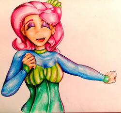 Size: 2569x2399 | Tagged: safe, artist:nolyanimeid, fluttershy, equestria girls, g4, my little pony equestria girls: better together, so much more to me, clothes, female, high res, makeup, open mouth, singing, solo, traditional art