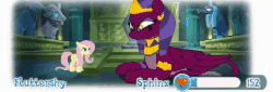 Size: 403x137 | Tagged: safe, gameloft, fluttershy, the sphinx, pegasus, pony, sphinx, g4, animated, badass, boss fight, confused, ear flick, female, flutterbadass, furious, rage, stare, the stare