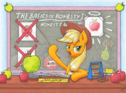 Size: 4170x3090 | Tagged: safe, artist:xeviousgreenii, applejack, earth pony, pony, g4, school daze, abacus, absurd file size, apple, applejack's hat, attack of the killer tomatoes, biased, book, chalkboard, cheese, cowboy hat, female, food, globe, grapes, halo, hat, newton's cradle, out of character, pear, pointer, scene interpretation, solo, sponge, strawberry, teacher, that pony sure does hate pears, that pony sure does hate strawberries, that pony sure does love apples, tongue out