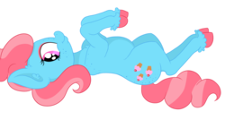 Size: 4767x2554 | Tagged: safe, artist:paskanaakka, derpibooru exclusive, cup cake, earth pony, pony, g4, butt freckles, colored hooves, ear fluff, eyeshadow, female, freckles, makeup, mare, on back, simple background, smiling, solo, transparent background, unshorn fetlocks