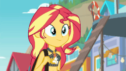 Size: 450x253 | Tagged: safe, screencap, sunset shimmer, equestria girls, equestria girls series, forgotten friendship, g4, animated, belly button, bikini, clothes, cute, female, geode of empathy, magical geodes, shimmerbetes, solo, stomach, swimsuit