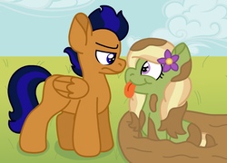 Size: 1931x1392 | Tagged: safe, artist:kindheart525, artist:shelbi-cat, oc, oc only, oc:flower power, oc:motocross, earth pony, pegasus, pony, kindverse, collaboration, flower, flower in hair, looking at each other, mud, offspring, parent:rumble, parent:scootaloo, parent:tree hugger, parents:rumbloo, tongue out