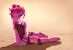 Size: 1024x701 | Tagged: safe, artist:joan-grace, pinkie pie, earth pony, anthro, unguligrade anthro, g4, clothes, female, looking at you, smiling, solo