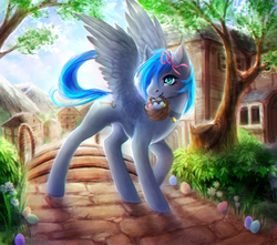 Size: 1920x1700 | Tagged: safe, artist:elzafox, oc, oc only, oc:key turner, pegasus, pony, basket, commission, easter basket, easter egg, femboy, male, scenery, solo, stallion, town, ych result