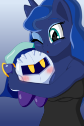 Size: 3495x5243 | Tagged: safe, artist:sergeant16bit, princess luna, alicorn, anthro, g4, blushing, boob smothering, breasts, clothes, crossover, cuddling, dress, gradient background, kirby (series), meta knight, meta lunight, smothering
