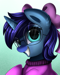 Size: 1424x1764 | Tagged: safe, artist:pridark, oc, oc only, oc:save state, pony, bow, clothes, female, glasses, grin, hair bow, looking at you, smiling, solo
