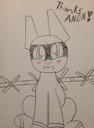 Size: 2399x3264 | Tagged: safe, artist:blastzone, oc, oc:blast zone, hybrid, original species, plane pony, pony, ask, blushing, cute, high res, implied anon, original character do not steal, paper, pencil drawing, plane, smiling, traditional art, tumblr