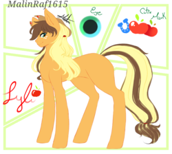 Size: 768x689 | Tagged: safe, artist:malinraf1615, oc, oc only, oc:lyli, earth pony, pony, abstract background, cowboy hat, female, freckles, hat, mare, offspring, parent:applejack, parent:caramel, parents:carajack, reference sheet, solo, stetson