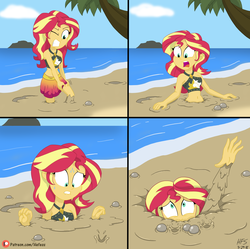 Size: 2060x2050 | Tagged: dead source, safe, artist:hefess, sunset shimmer, equestria girls, equestria girls series, forgotten friendship, g4, asphyxiation, belly button, bubble, clothes, comic, drowning, gritted teeth, high res, imminent death, lip bite, midriff, mud, open mouth, peril, quicksand, sarong, sinking, sweat, swimsuit, wet and messy