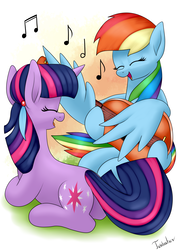 Size: 2480x3507 | Tagged: safe, artist:twidasher, rainbow dash, twilight sparkle, pegasus, pony, unicorn, g4, blue feather, duo, eyes closed, female, guitar, high res, lesbian, lying down, mare, music notes, open mouth, prone, ship:twidash, shipping, signature, singing, sitting, unicorn twilight, wing hands, wings