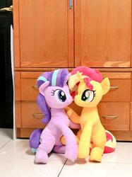 Size: 767x1024 | Tagged: safe, artist:nekokevin, starlight glimmer, sunset shimmer, pony, unicorn, series:nekokevin's glimmy, g4, cute, duo, female, glimmerbetes, hug, irl, looking at each other, mare, photo, plushie, raised hoof, shimmerbetes, sitting, smiling