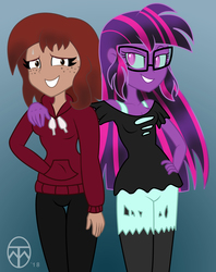 Size: 3005x3790 | Tagged: safe, artist:legendaryspider, sci-twi, twilight sparkle, oc, equestria girls, g4, clothes, glasses, high res, midnight sparkle, mischievous, nervous, nervous smile, show accurate, simple background, thigh gap, wubcake