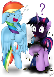 Size: 2480x3507 | Tagged: safe, artist:twidasher, rainbow dash, twilight sparkle, pegasus, pony, unicorn, g4, blue feather, crying, duo, female, high res, laughing, lesbian, mare, prank, question mark, ship:twidash, shipping, shocked, simple background, tears of laughter, white background