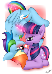Size: 2480x3507 | Tagged: safe, artist:twidasher, rainbow dash, twilight sparkle, pegasus, pony, unicorn, g4, blue feather, blushing, duo, female, folded wings, glowing horn, heart, high res, horn, lesbian, looking at each other, magic, mare, ship:twidash, shipping, signature, smiling, telekinesis, unicorn twilight, upside down, wings