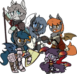 Size: 622x601 | Tagged: safe, artist:nootaz, oc, oc:angel tears, oc:brick kindler, oc:nuke, oc:sirocca, oc:speck, bat pony, angelkindler, bat pony oc, commission, etrian odyssey, female, hexer, husband and wife, male, married couple, medic (class), protector (class), simple background, speke, transparent background