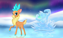 Size: 1500x900 | Tagged: safe, artist:berryveloce, velvet (tfh), deer, reindeer, them's fightin' herds, aurora borealis, community related, female, ice, ice sculpture, snow, solo