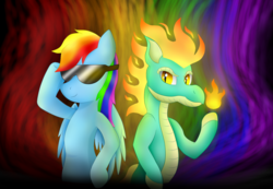 Size: 1300x900 | Tagged: safe, artist:berryveloce, rainbow dash, tianhuo (tfh), longma, pegasus, pony, them's fightin' herds, g4, community related, crossover, fire, sunglasses