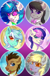 Size: 1200x1800 | Tagged: safe, artist:serenity, bon bon, derpy hooves, dj pon-3, doctor whooves, lyra heartstrings, octavia melody, sweetie drops, time turner, vinyl scratch, earth pony, pony, unicorn, bowtie, doctor who, female, looking at you, male, mare, one eye closed, smiling, sonic screwdriver, stallion, the doctor, tongue out, wink