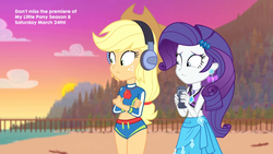 Size: 1920x1080 | Tagged: safe, screencap, applejack, rarity, equestria girls, g4, lost and found, my little pony equestria girls: better together, bikini, bikini top, clothes, female, legs together, rarity's blue sarong, rarity's purple bikini, sunset, swimsuit