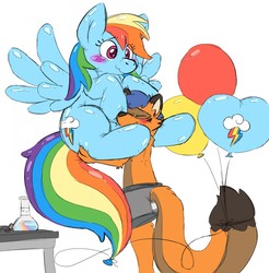 Size: 1260x1280 | Tagged: safe, artist:buoyantbliss, rainbow dash, oc, balloon pony, fox, inflatable pony, g4, balloon, balloon rainbow dash, blushing, cute, furry, hug, inanimate tf, inflatable, inflated ears, inflated tail, inflated wings, non-mlp oc, transformation