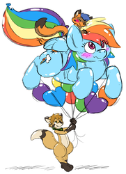 Size: 912x1262 | Tagged: safe, artist:buoyantbliss, rainbow dash, oc, balloon pony, fox, inflatable pony, g4, balloon, balloon rainbow dash, carrying, furry, inanimate tf, inflatable, inflated ears, inflated tail, non-mlp oc, riding, transformation