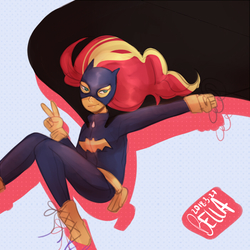 Size: 700x700 | Tagged: safe, artist:faeee, sunset shimmer, equestria girls, g4, batgirl, crossover, female, peace sign, solo