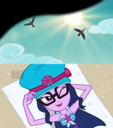 Size: 1920x2160 | Tagged: safe, edit, screencap, sci-twi, twilight sparkle, seagull, equestria girls, equestria girls specials, g4, my little pony equestria girls: better together, my little pony equestria girls: forgotten friendship, armpits, beach, geode of telekinesis, glasses, magical geodes, one eye closed, overhead view, squint, wink