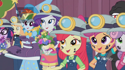 Size: 1920x1080 | Tagged: safe, screencap, apple bloom, bulk biceps, golden hazel, rainbow dash, rarity, sci-twi, scootaloo, sweetie belle, twilight sparkle, equestria girls, g4, happily ever after party, my little pony equestria girls: better together, fairy bootmother, headlamp, stage