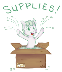 Size: 1024x1184 | Tagged: safe, artist:gracewolf, oc, oc only, oc:packing peanuts, earth pony, pony, box, female, mare, packing peanuts, pony in a box, pun, solo, supplies, underhoof