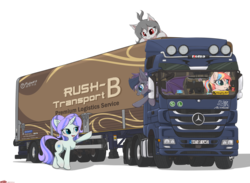 Size: 3320x2436 | Tagged: safe, alternate version, artist:orang111, oc, oc:chicory, oc:lai chi, oc:violet rose, bat pony, pony, unicorn, bat pony oc, detailed, high res, rush b, semi truck, simple background, transparent background, truck, vehicle