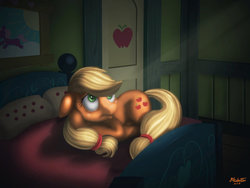 Size: 1280x965 | Tagged: safe, artist:tavogdl, applejack, earth pony, pony, g4, bed, bedroom, crepuscular rays, crying, female, green eyes, implied bright mac, implied pear butter, looking up, mare, pillow, solo