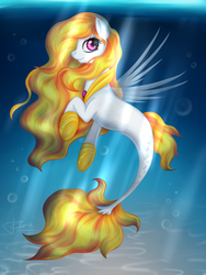 Size: 1200x1600 | Tagged: safe, artist:puggie, oc, oc only, oc:storm shield, pegasus, pony, seapony (g4), clothes, crepuscular rays, digital art, dorsal fin, female, fin, fin wings, fins, fish tail, flowing mane, flowing tail, hoof shoes, horseshoes, jewelry, looking at you, mare, ocean, peytral, pink eyes, scales, seaponified, see-through, smiling, solo, species swap, sunlight, swimming, tail, underwater, water, wings