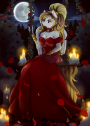 Size: 1250x1750 | Tagged: safe, artist:igazella, oc, oc only, oc:storm shield, anthro, candle, clothes, collar, dress, moon, red dress, rose petals, solo, swing