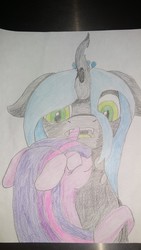 Size: 1836x3264 | Tagged: source needed, safe, artist:krumpcakes, queen chrysalis, twilight sparkle, changeling, changeling queen, g4, female, hug, lesbian, nuzzling, ship:twisalis, shipping, simple background, surprised, traditional art