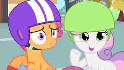 Size: 1280x720 | Tagged: safe, screencap, scootaloo, sweetie belle, pegasus, pony, unicorn, g4, the cutie mark chronicles, cute, helmet, scooter