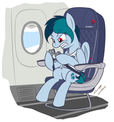 Size: 900x960 | Tagged: safe, artist:buckweiser, oc, oc:delta vee, pegasus, pony, airline, angry, delta air lines, female, mare, namesake, plane, pun, sitting, sketch, visual pun