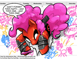 Size: 822x632 | Tagged: safe, artist:slifertheskydragon, pinkie pie, earth pony, pony, g4, calendar, clothes, cosplay, costume, crayon, deadpool, dialogue, female, fourth wall, marvel, pinkiepool, solo, speech bubble