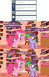 Size: 1280x1982 | Tagged: safe, artist:hakunohamikage, pinkie pie, oc, oc:laughter, pony, ask-princesssparkle, g4, ask, elements of harmony, golden oaks library, hat, jester hat, tumblr