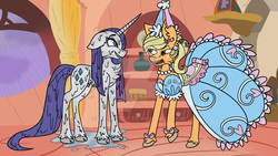 Size: 1024x576 | Tagged: safe, artist:darktrap, applejack, rarity, earth pony, pony, unicorn, g4, look before you sleep, angry, chest fluff, clothes, cloven hooves, dress, duo, female, froufrou glittery lacy outfit, glare, hennin, looking at each other, looking at someone, mare, princess applejack, scene interpretation, smiling, smirk, watermark, wet mane