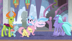 Size: 1280x720 | Tagged: safe, screencap, fluttershy, ocellus, seaspray, silverstream, thorax, changedling, changeling, classical hippogriff, hippogriff, g4, school daze, female, king thorax, male