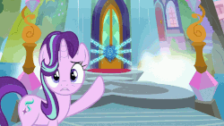 Size: 960x540 | Tagged: safe, edit, screencap, starlight glimmer, pony, g4, school daze, animated, bridge, eea seal, female, gif, looking at you, looking up, loop, mountain, pointing, school of friendship, solo, waterfall, zoom
