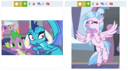 Size: 489x269 | Tagged: safe, princess ember, silverstream, spike, classical hippogriff, dragon, earth pony, hippogriff, pony, derpibooru, g4, school daze, background pony, cute, diastreamies, dragoness, female, juxtaposition, male, mare, meta, stallion