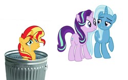 Size: 1071x673 | Tagged: safe, starlight glimmer, sunset shimmer, trixie, pony, unicorn, g4, abuse, downvote bait, female, mare, op is a duck, op is trying to start shit, shimmerbuse, simple background, sunset shimmer's trash can, trash can, white background