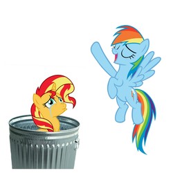 Size: 1275x1275 | Tagged: safe, rainbow dash, sunset shimmer, pony, unicorn, g4, abuse, background pony strikes again, downvote bait, op is a duck, op is trying to start shit, sad, shimmerbuse, simple background, sunset shimmer's trash can, trash can, white background